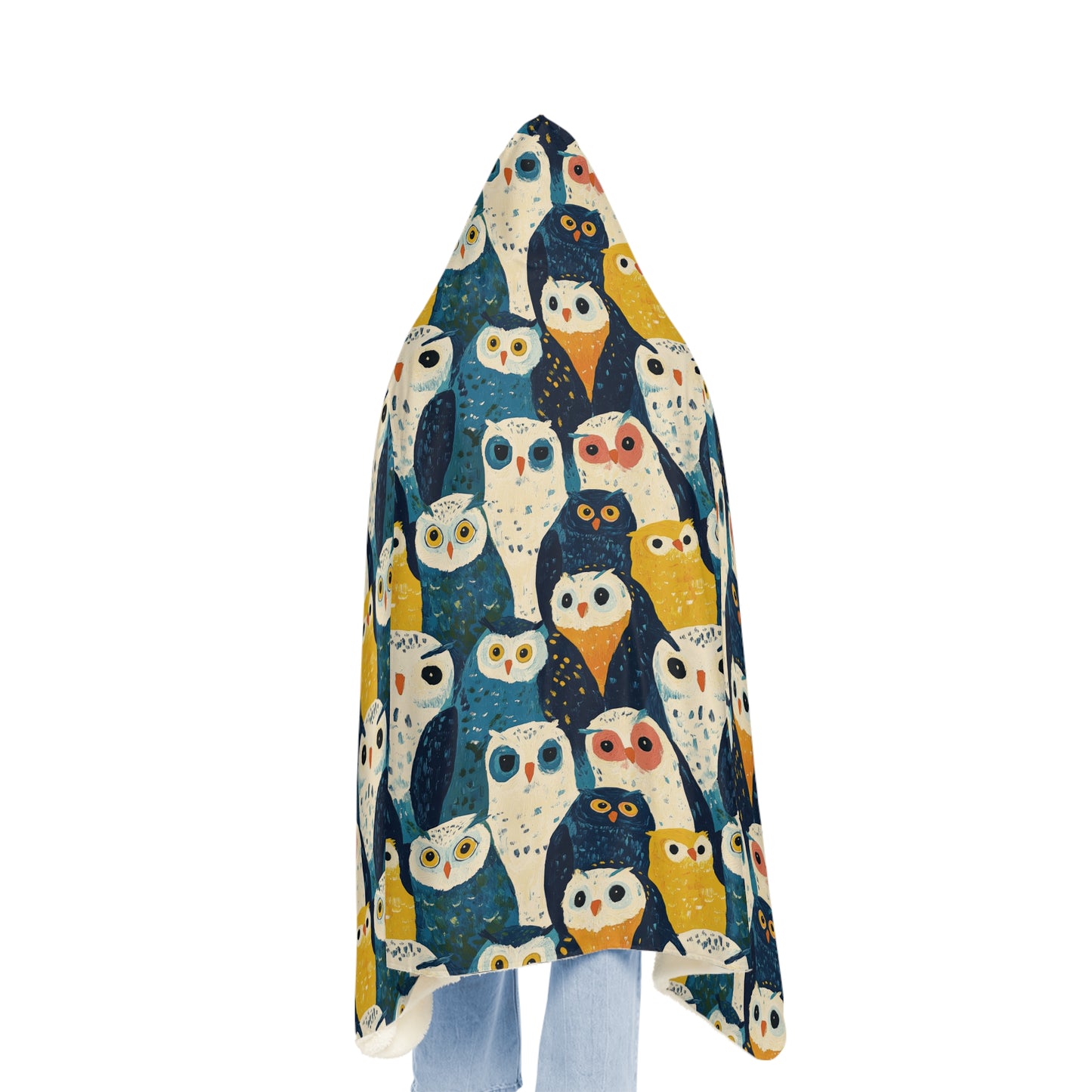 BLUE OWLS LOOKING - Hooded Fleece Blanket
