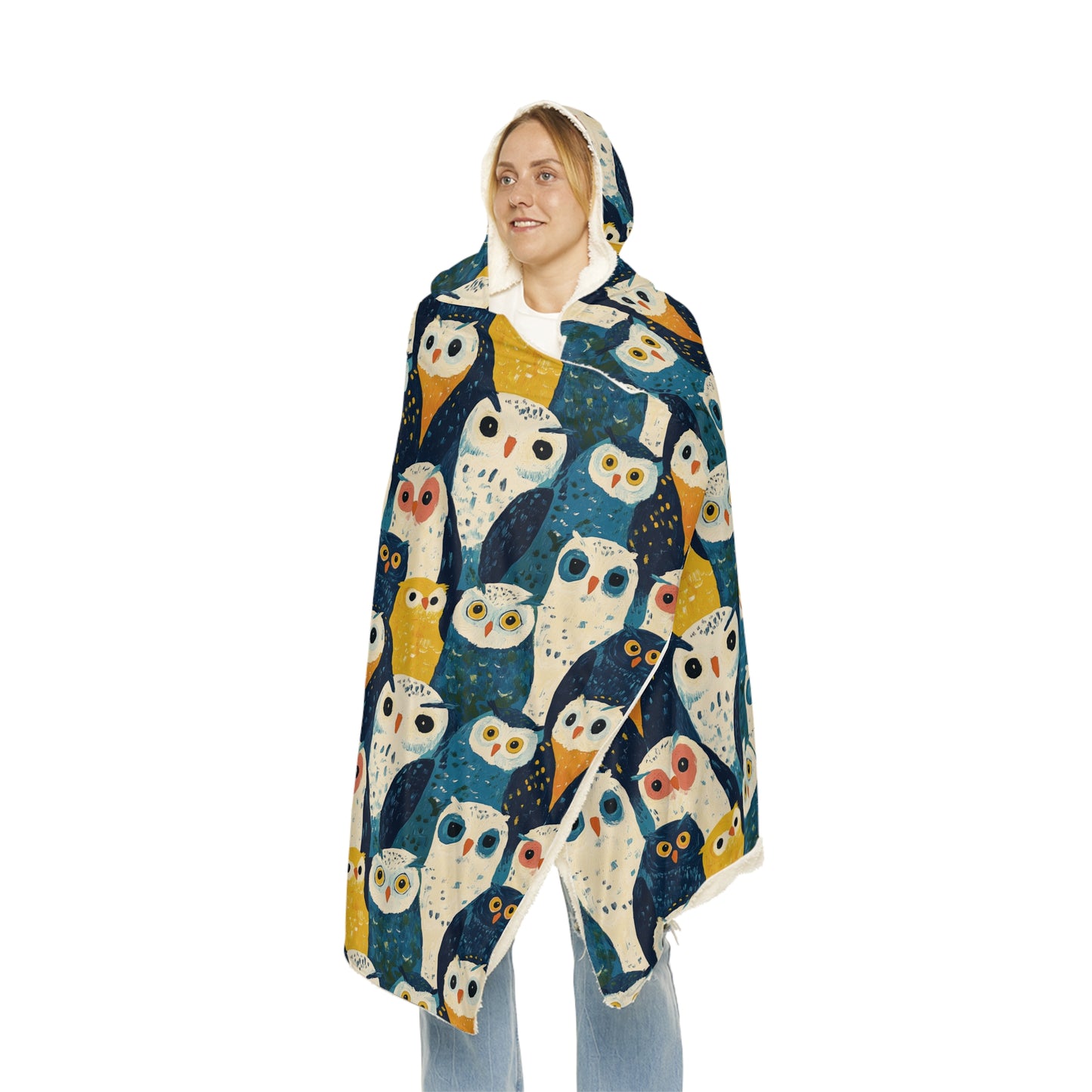 BLUE OWLS LOOKING - Hooded Fleece Blanket