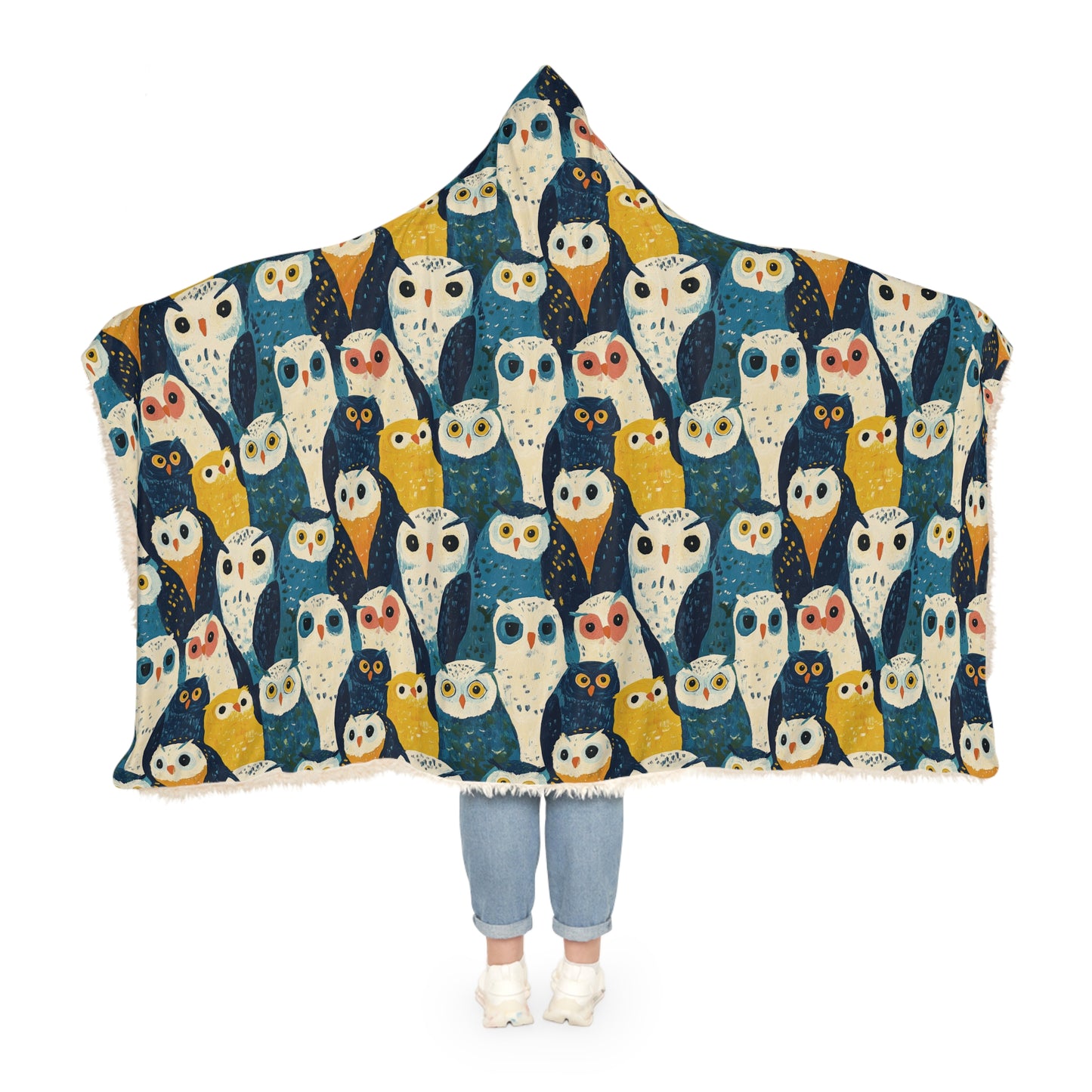 BLUE OWLS LOOKING - Hooded Fleece Blanket