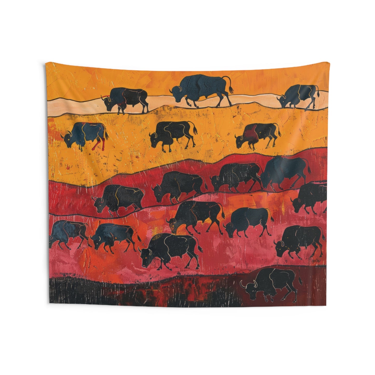 BISON HERD PRIMITIVE ART - Wall Tapestry