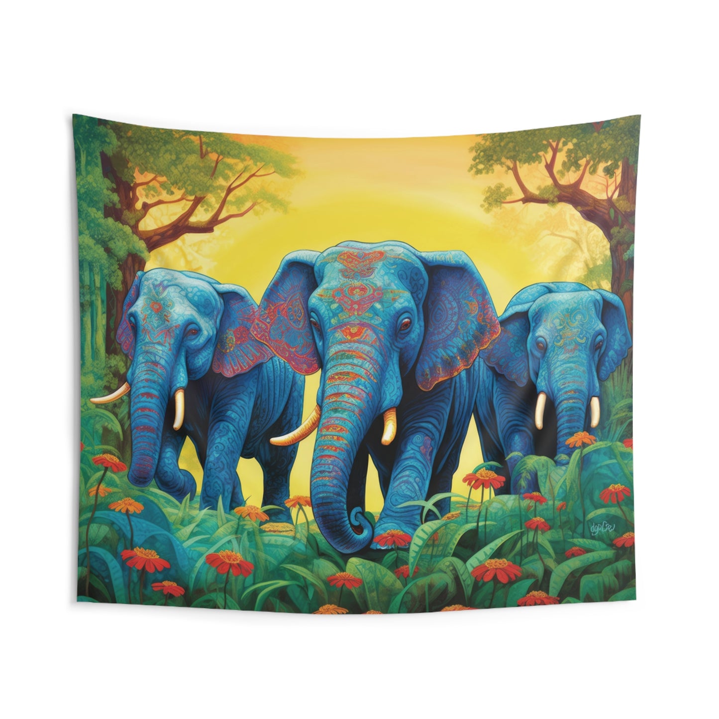 ELEPHANTS - JUNGLE BLUE - Wall Tapestry