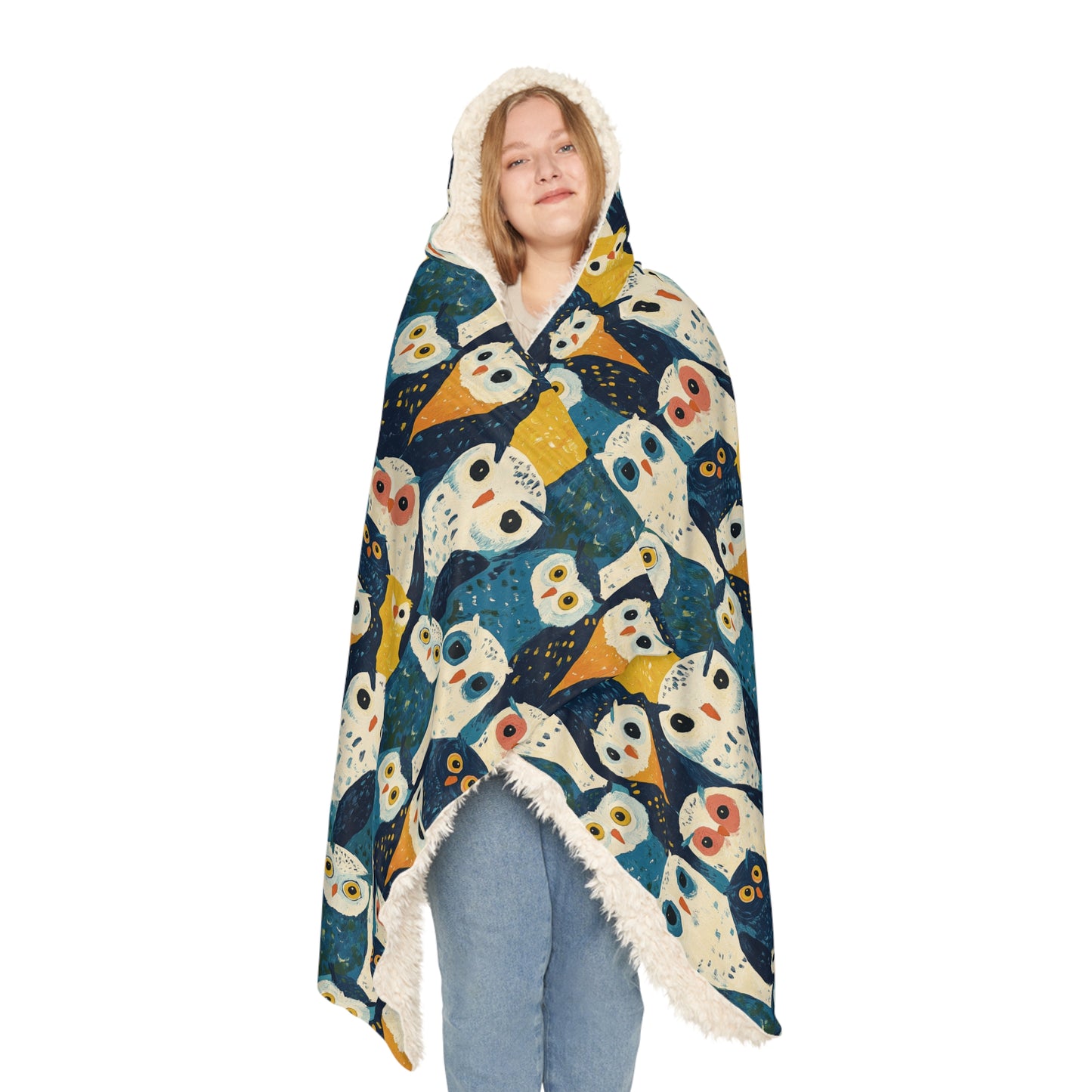 BLUE OWLS LOOKING - Hooded Fleece Blanket
