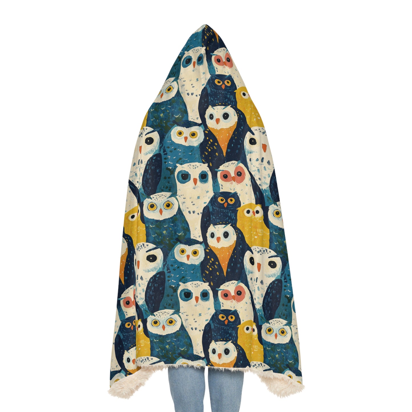 BLUE OWLS LOOKING - Hooded Fleece Blanket