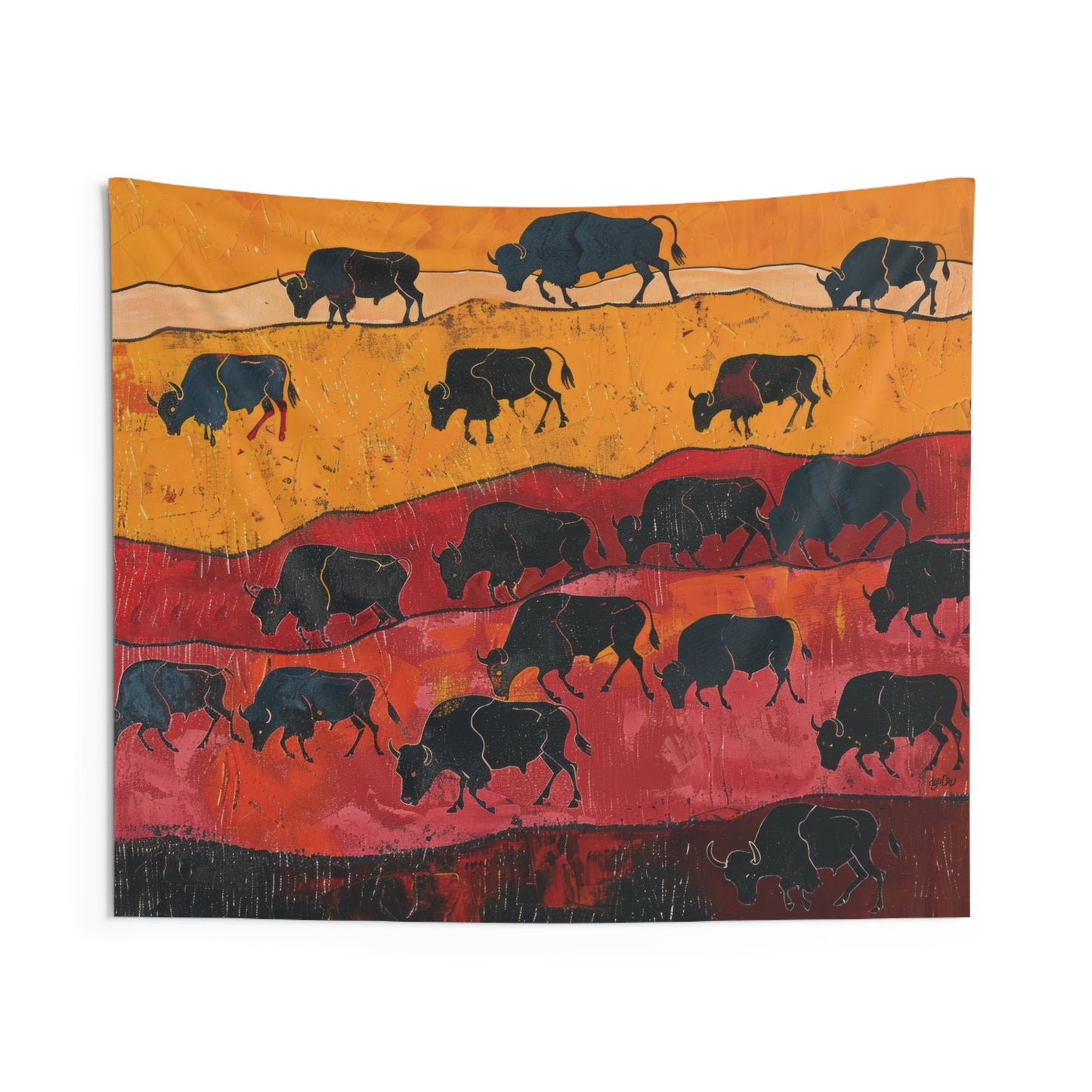 BISON HERD PRIMITIVE ART - Wall Tapestry