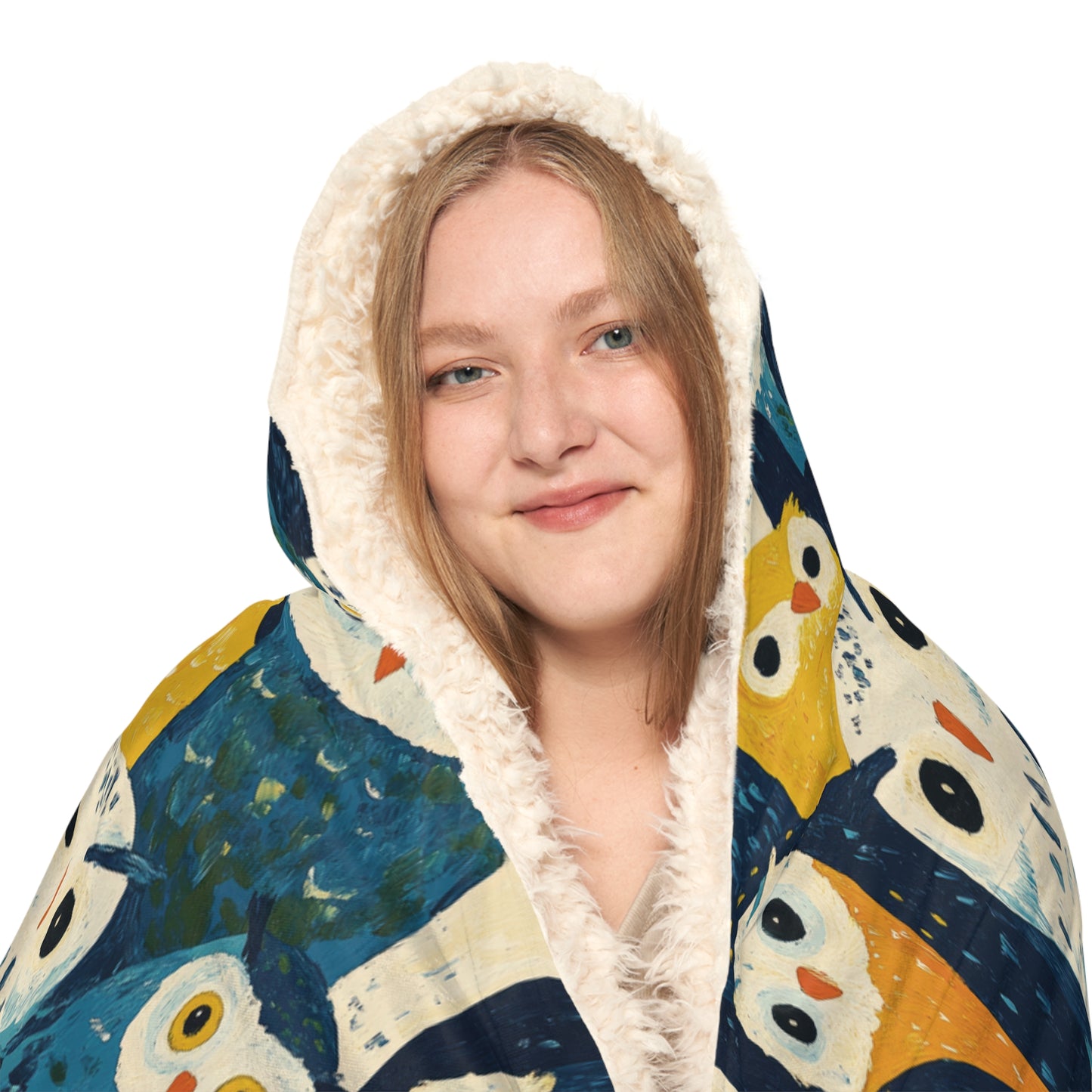 BLUE OWLS LOOKING - Hooded Fleece Blanket