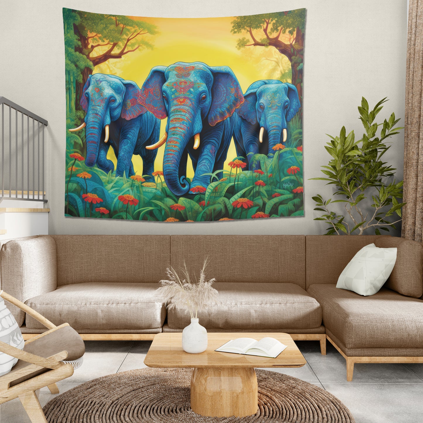 ELEPHANTS - JUNGLE BLUE - Wall Tapestry