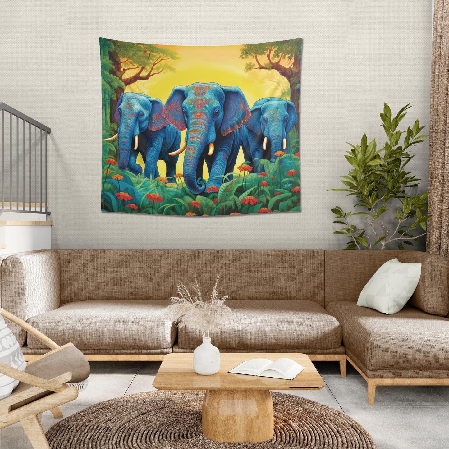 ELEPHANTS - JUNGLE BLUE - Wall Tapestry