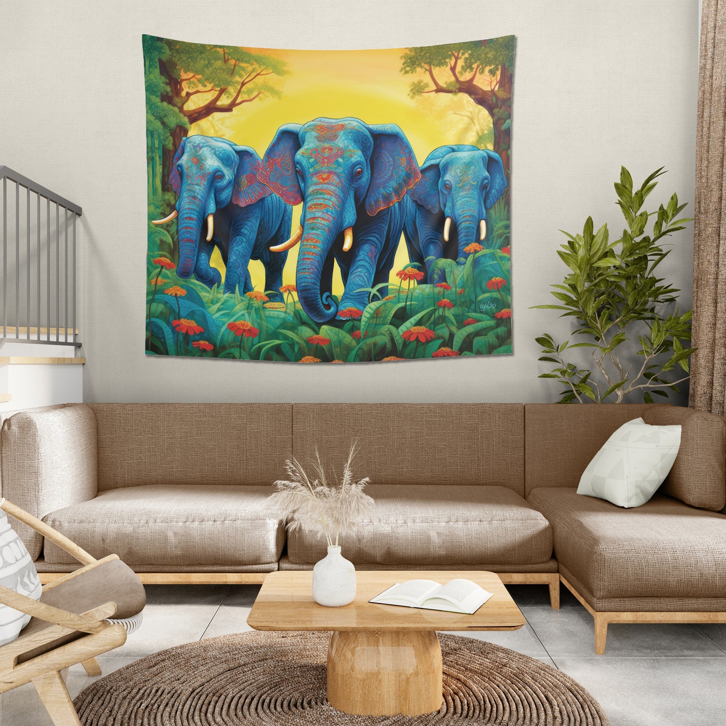 ELEPHANTS - JUNGLE BLUE - Wall Tapestry