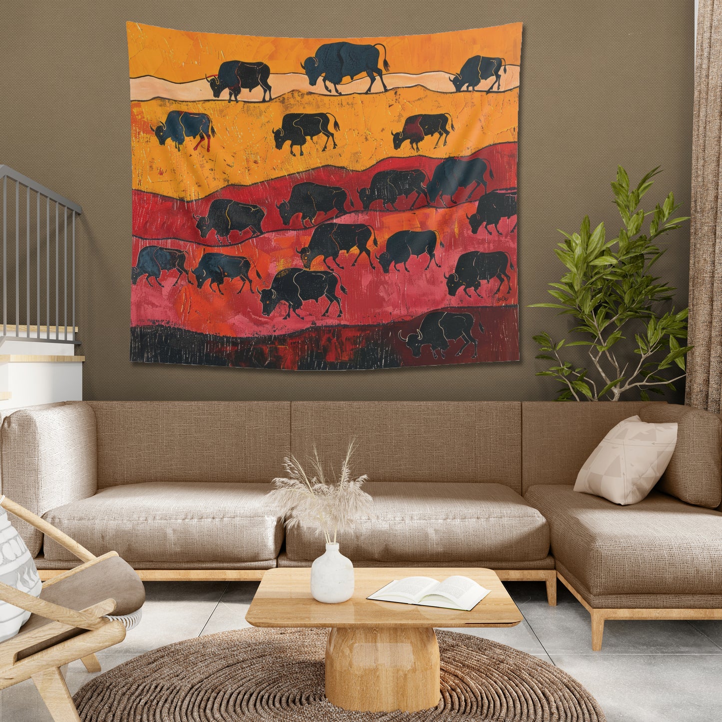 BISON HERD PRIMITIVE ART - Wall Tapestry
