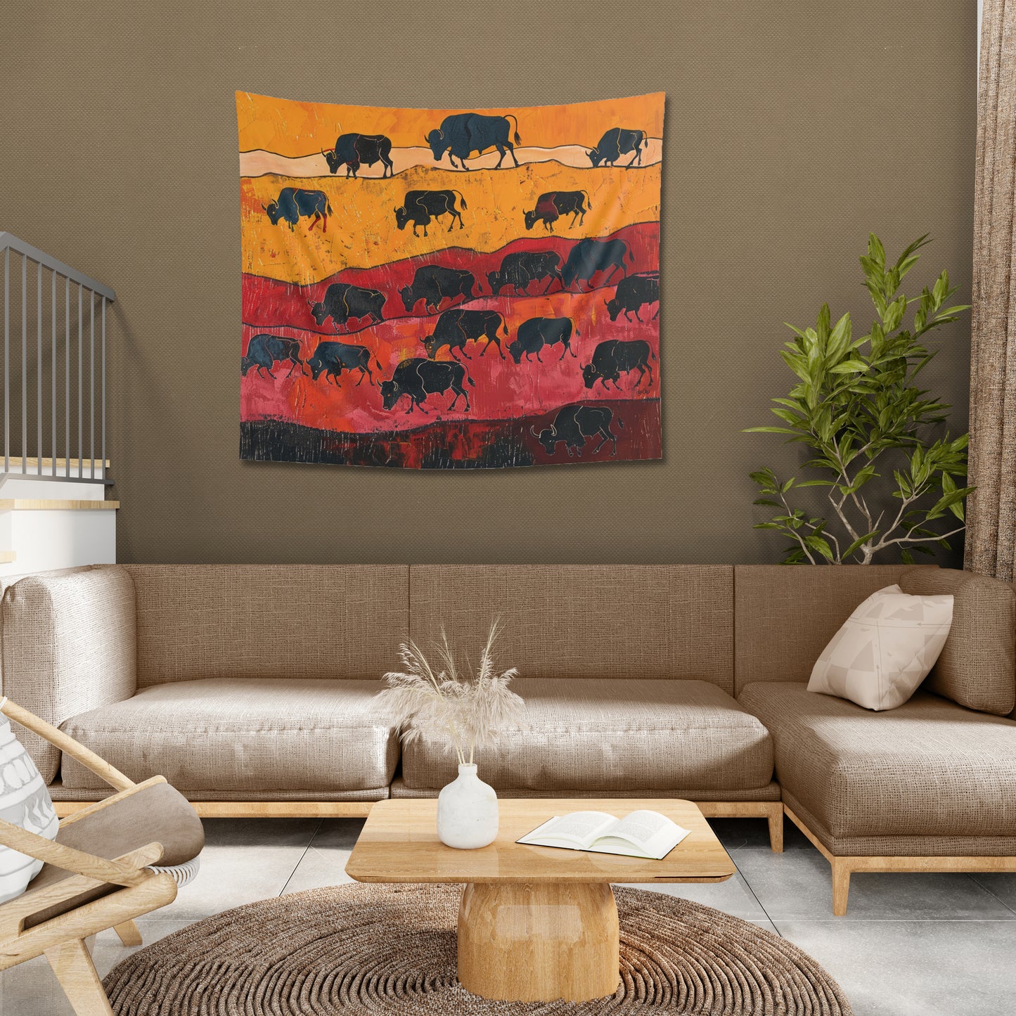 BISON HERD PRIMITIVE ART - Wall Tapestry