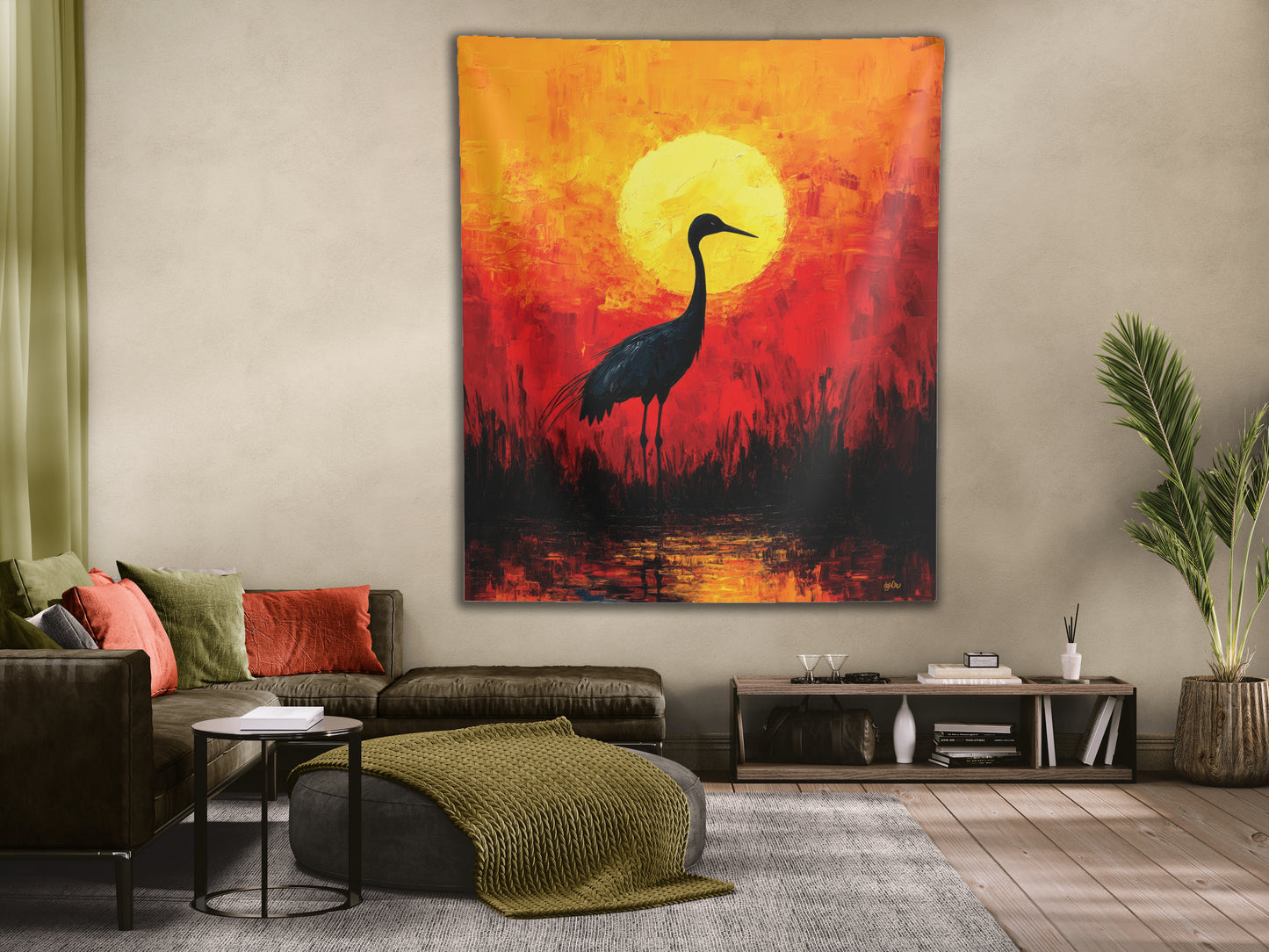 SANDHILL CRANE AND FLAMING SUN - Wall Tapestry