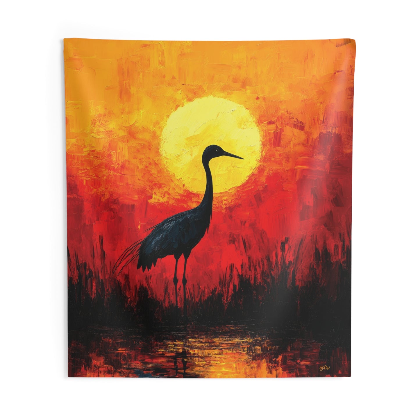 SANDHILL CRANE AND FLAMING SUN - Wall Tapestry