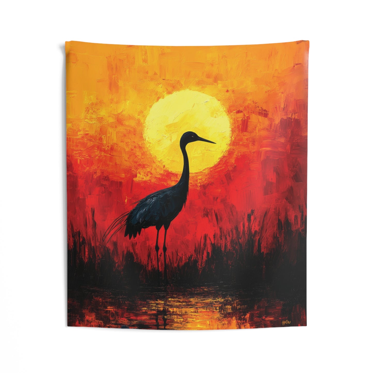 SANDHILL CRANE AND FLAMING SUN - Wall Tapestry