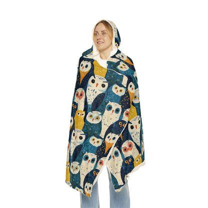 BLUE OWLS LOOKING  - Hooded Fleece Blanket