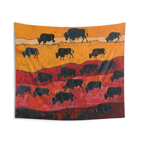 BISON HERD PRIMITIVE ART - Wall Tapestry