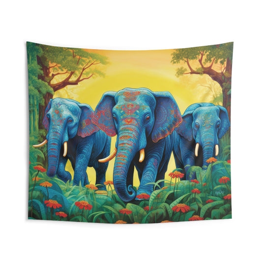ELEPHANTS - JUNGLE BLUE - Wall Tapestry