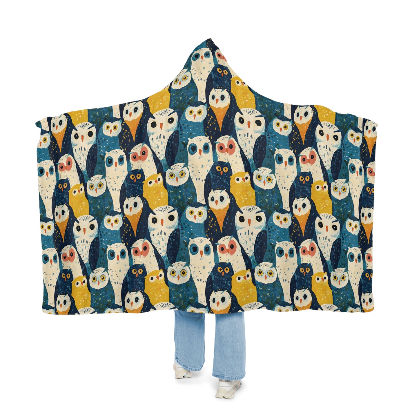 BLUE OWLS LOOKING  - Hooded Fleece Blanket