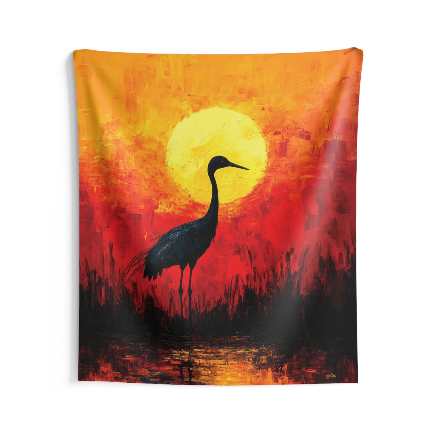SANDHILL CRANE AND FLAMING SUN - Wall Tapestry