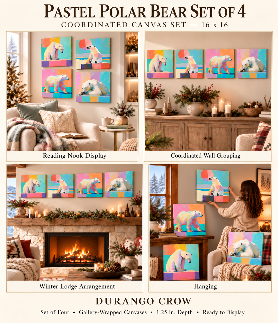 PASTEL POLAR BEARS — 16×16 CANVAS SET OF FOUR