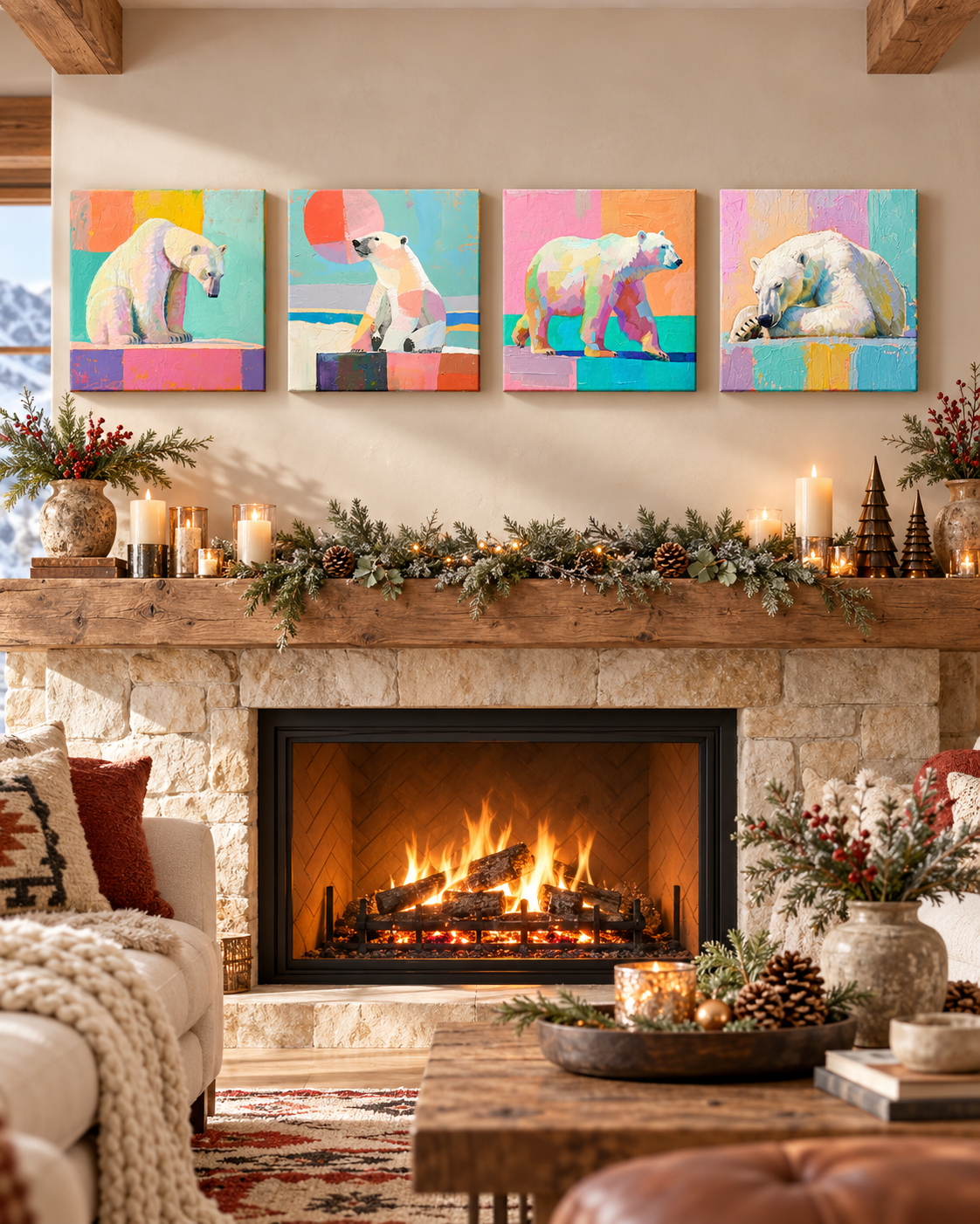 PASTEL POLAR BEARS — 16×16 CANVAS SET OF FOUR