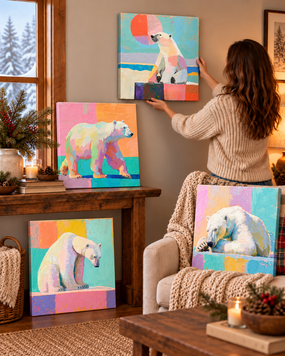 PASTEL POLAR BEARS — 16×16 CANVAS SET OF FOUR
