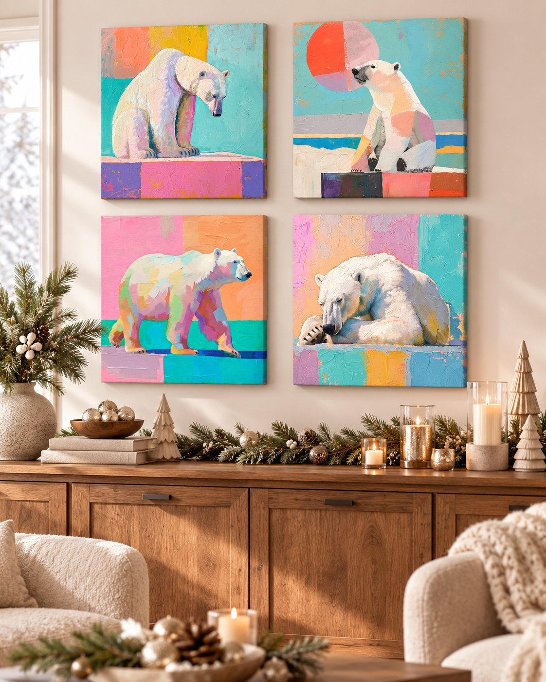 PASTEL POLAR BEARS — 16×16 CANVAS SET OF FOUR