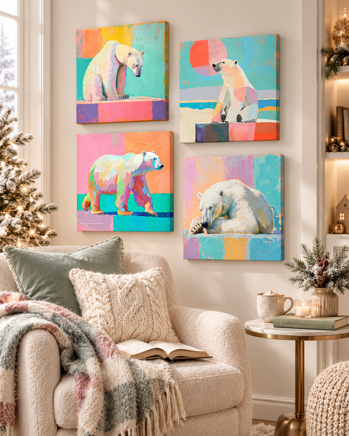 PASTEL POLAR BEARS — 16×16 CANVAS SET OF FOUR