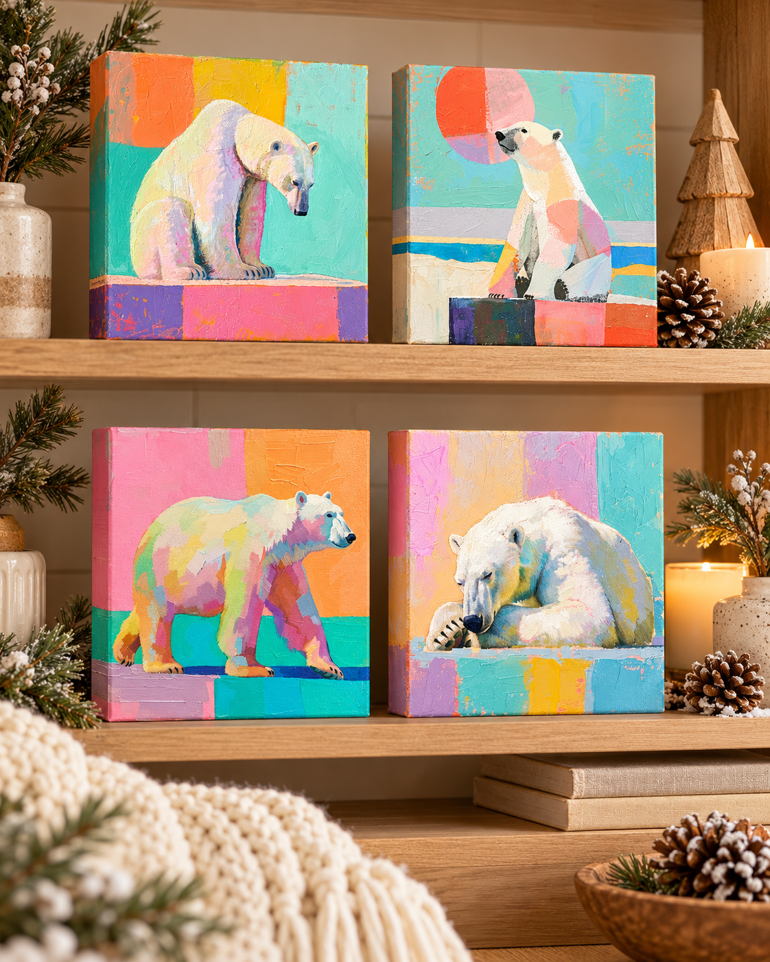 PASTEL POLAR BEARS — 6×6 CANVAS SET OF FOUR