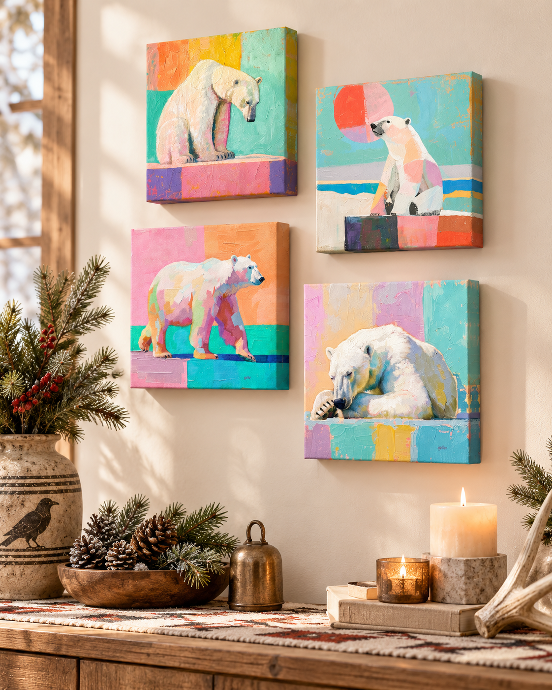 PASTEL POLAR BEARS — 6×6 CANVAS SET OF FOUR