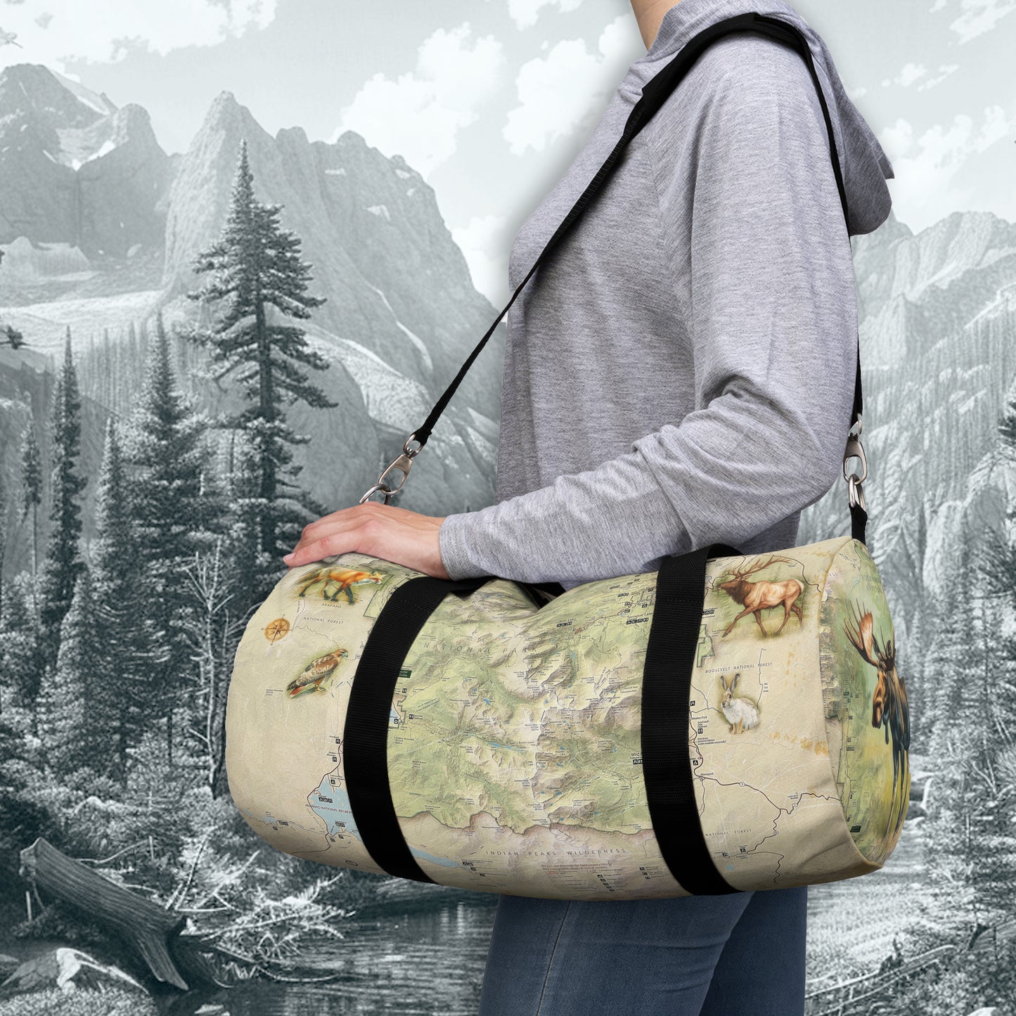 ROCKY MOUNTAIN NATIONAL PARK Duffel Bag - Vintage Map with Wildlife