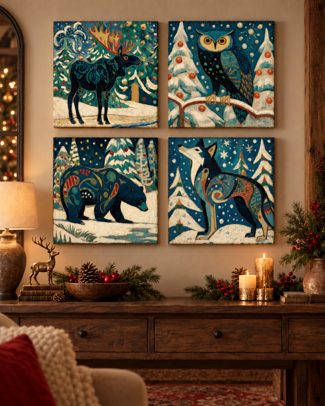 Snowy Night Wildlife — 16×16 Canvas Set of Four