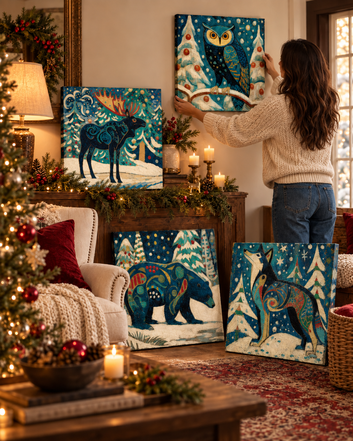 Snowy Night Wildlife — 16×16 Canvas Set of Four