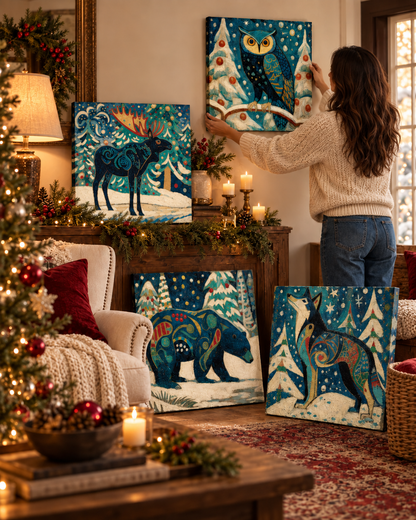 Snowy Night Wildlife — 16×16 Canvas Set of Four
