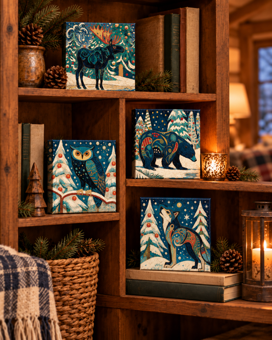 Snowy Night Wildlife — 6×6 Canvas Set of Four
