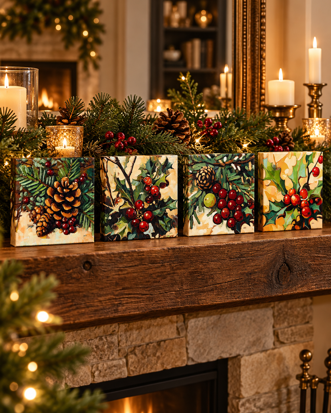 Winter Woodland Botanicals — 6×6 Canvas Set of Four