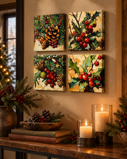 Winter Woodland Botanicals — 6×6 Canvas Set of Four