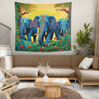 ELEPHANTS - JUNGLE BLUE - Wall Tapestry