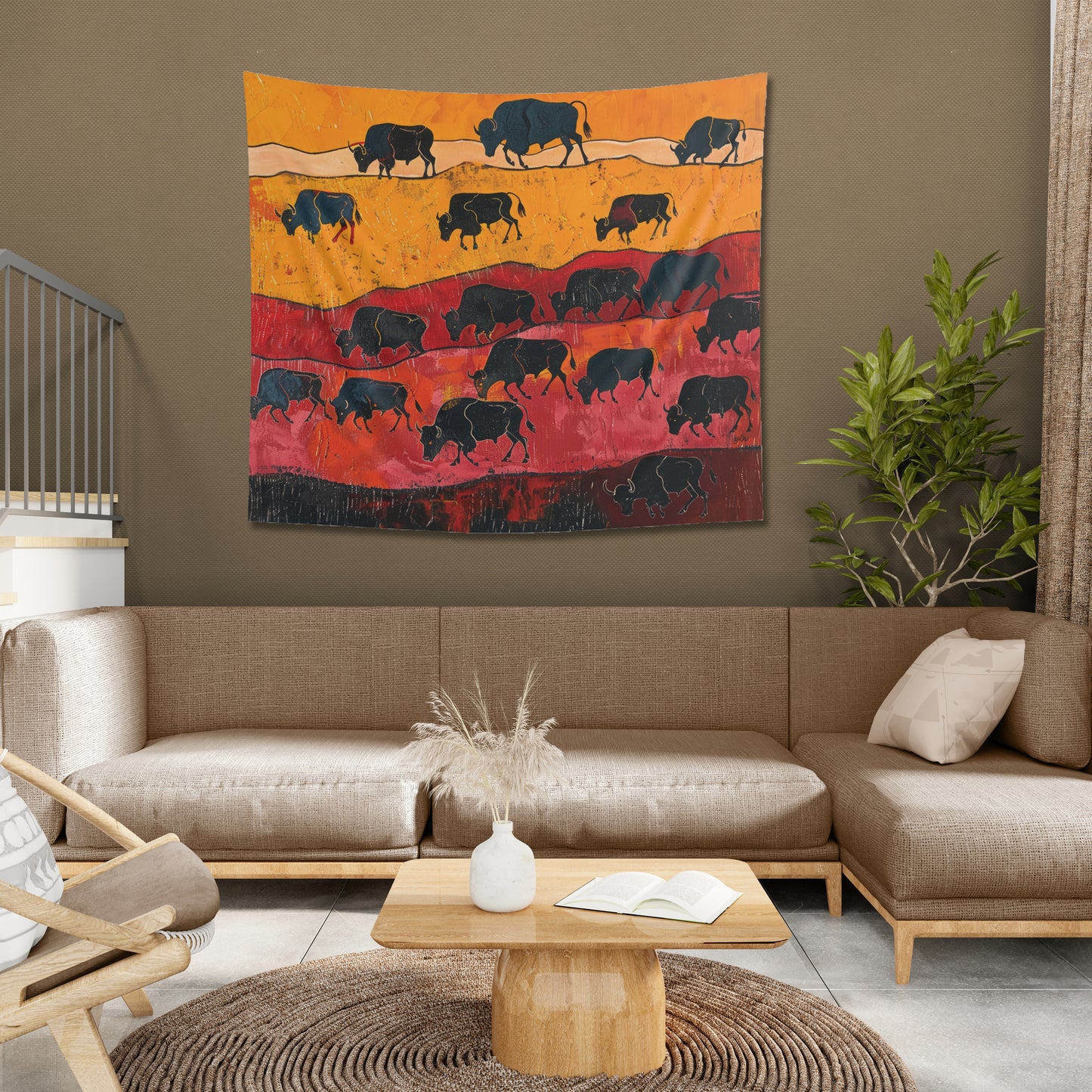 BISON HERD PRIMITIVE ART - Wall Tapestry