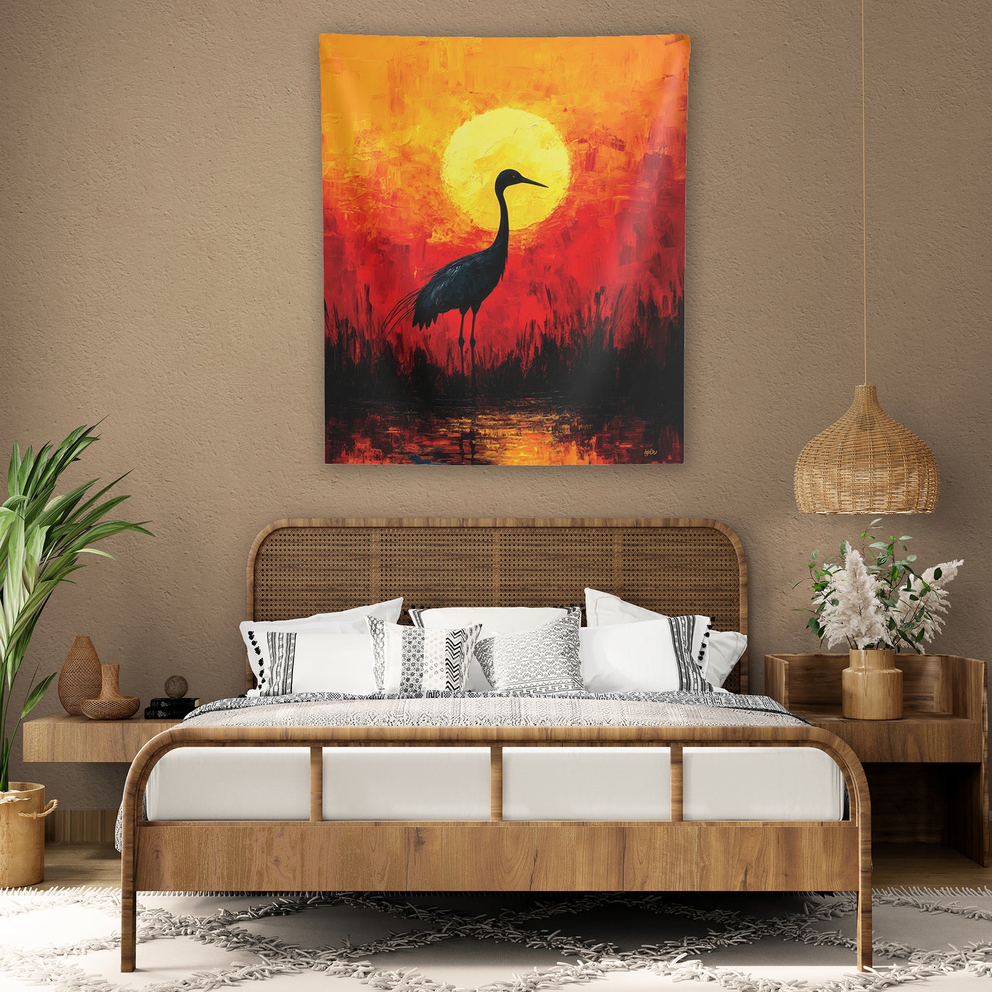 SANDHILL CRANE AND FLAMING SUN - Wall Tapestry