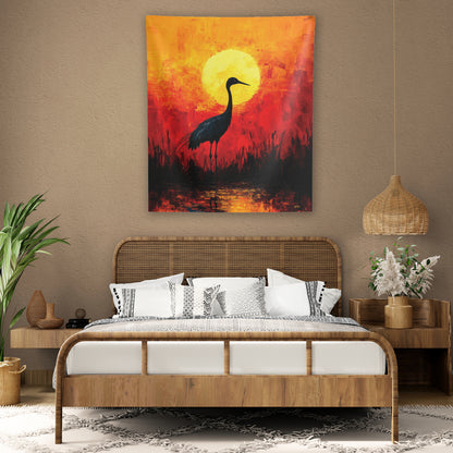 SANDHILL CRANE AND FLAMING SUN - Wall Tapestry