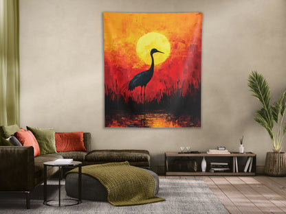 SANDHILL CRANE AND FLAMING SUN - Wall Tapestry